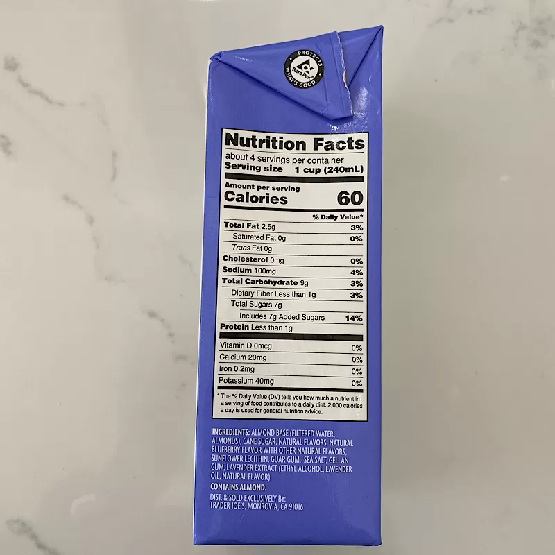 Trader Joe's Blueberry Lavender Flavored Almond Milk Nutrition Facts
