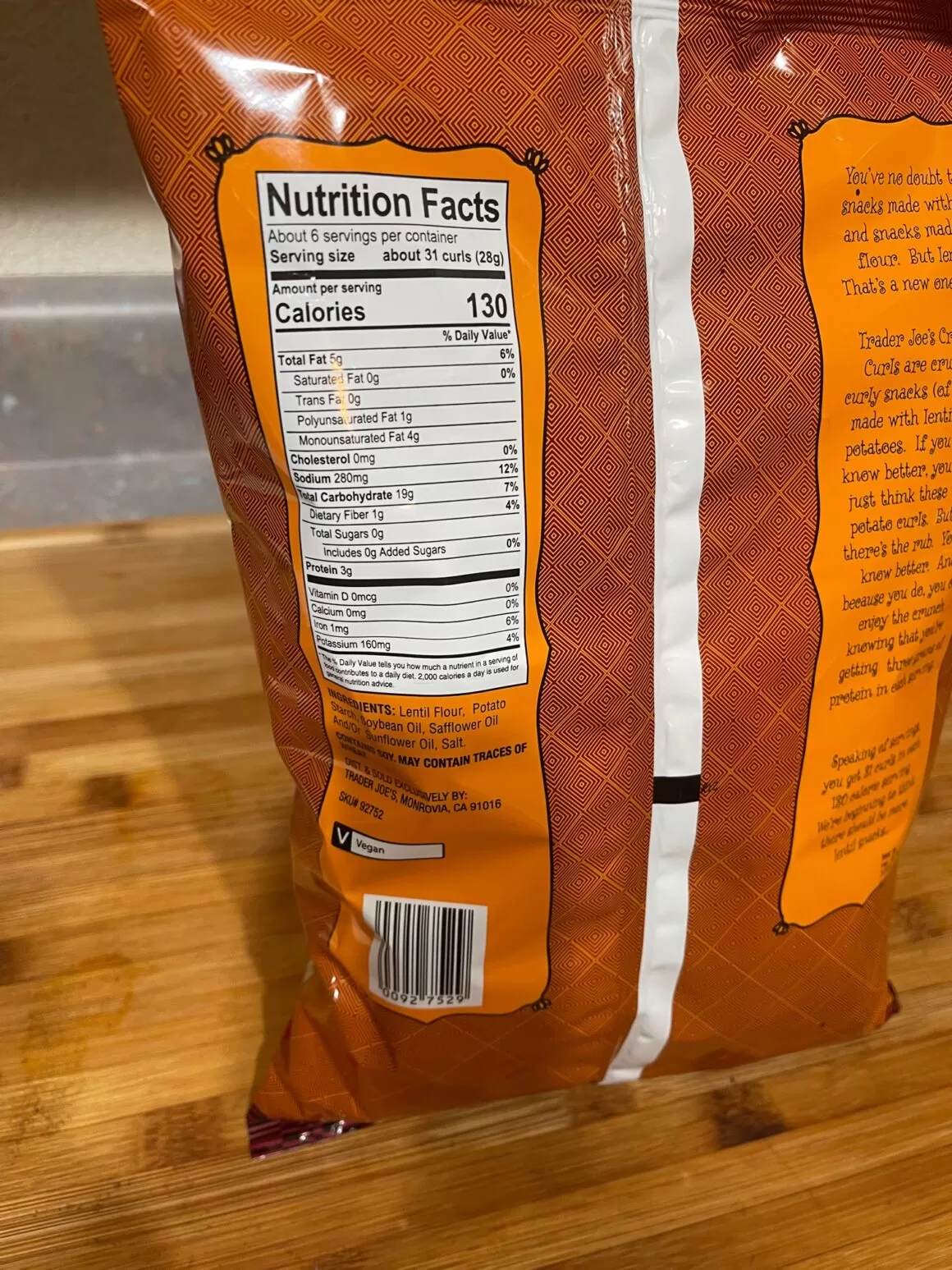 Trader Joes Crunchy Curls Lentil Snack Bag Nutrition Facts