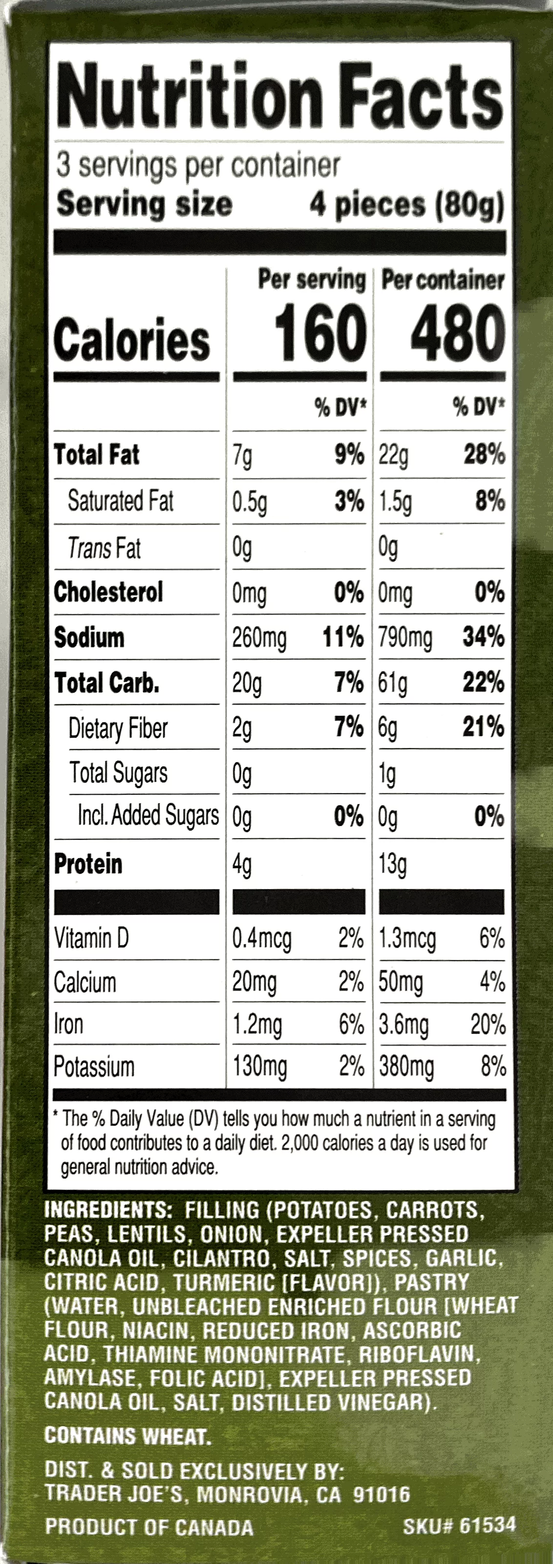 Trader Joe's Mini Vegetable Samosas Nutrition Facts and Ingredients