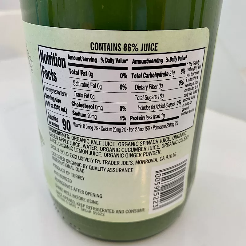 Trader Joes To the Power of Seven Organic Green Juice Nutrition