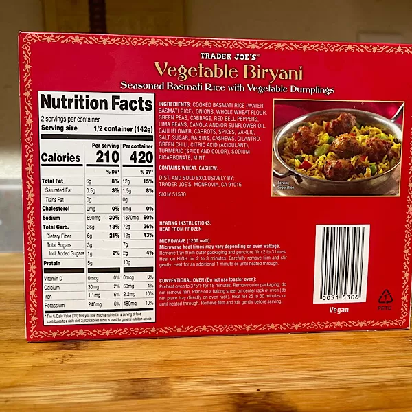Trader Joes Vegetable Biryani Nutrition Facts