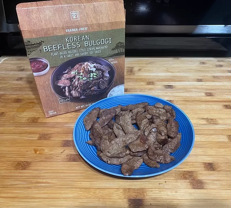Trader Joes Beefless Bulgogi Package with cooked Bulgogi